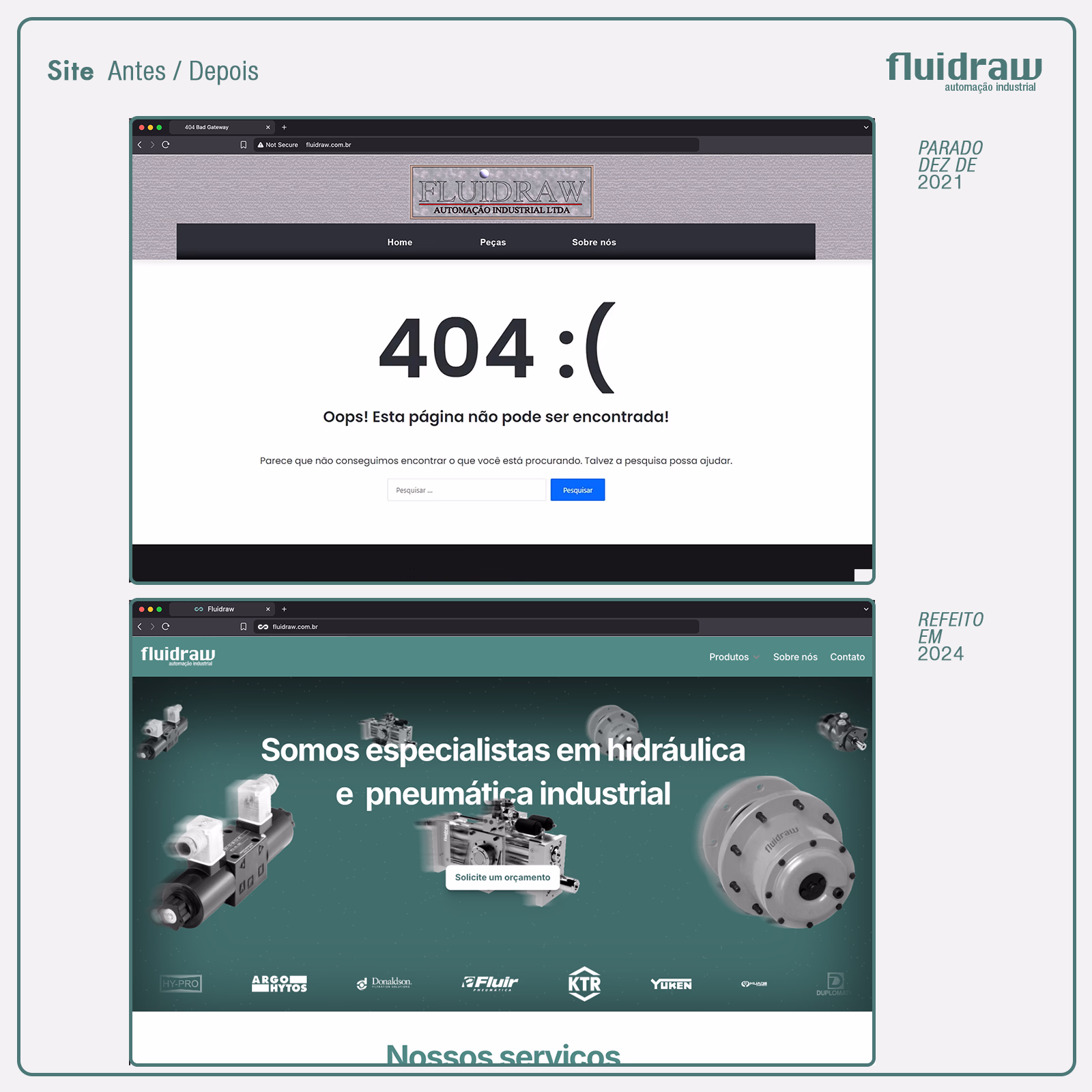Comparação antes e depois do site