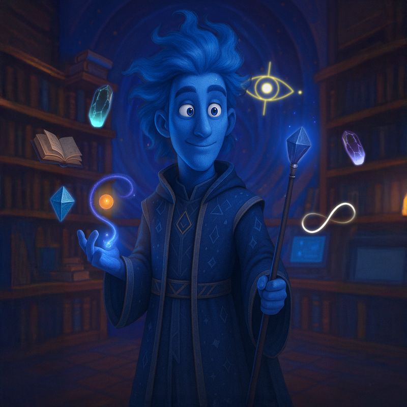 Ilustração do arquétipo Mago, um personagem cercado pelos objetos que o representam