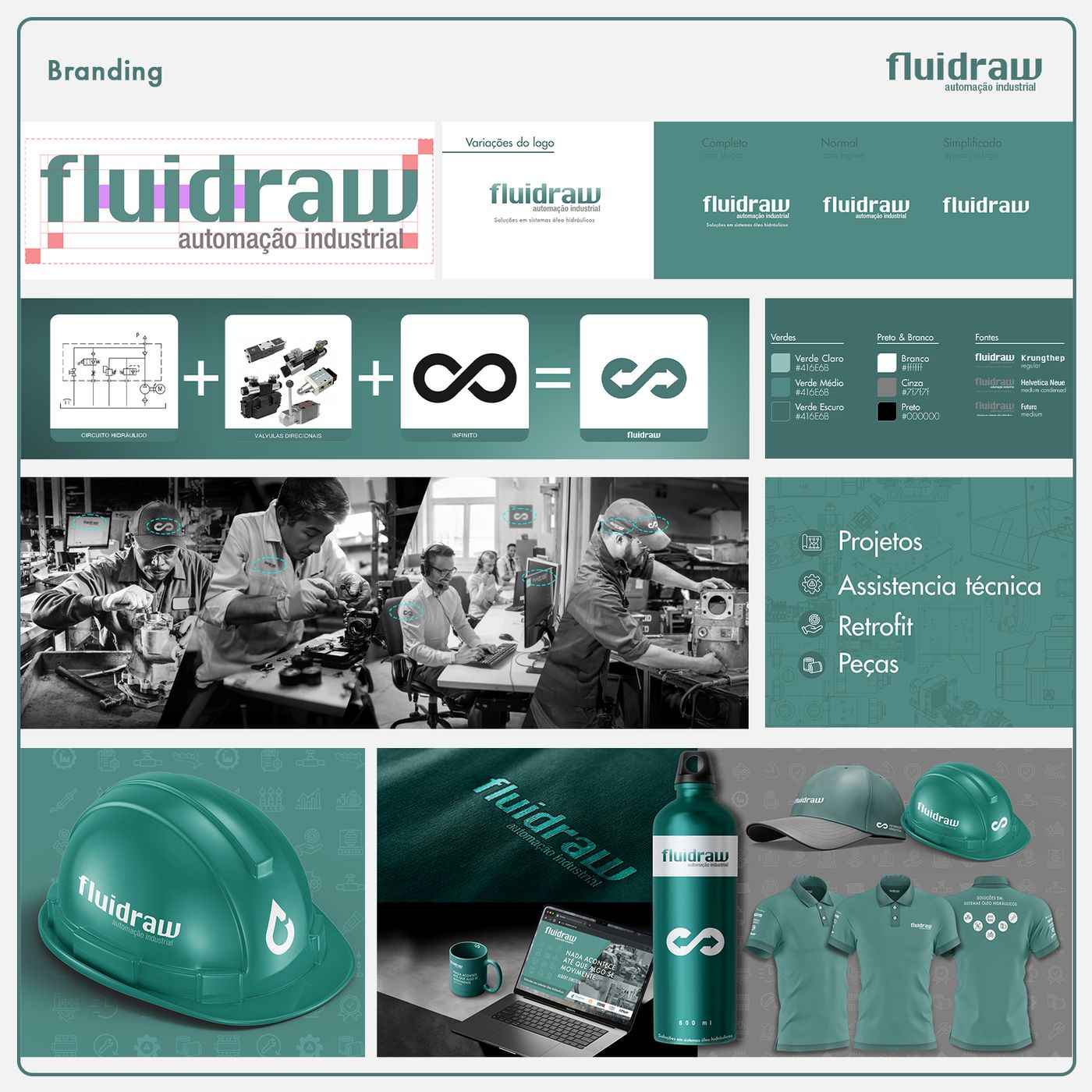 Prancha de branding com construção do logo, variações, símbolo, paleta verde, tipografia e aplicações em capacete, garrafa e camisa