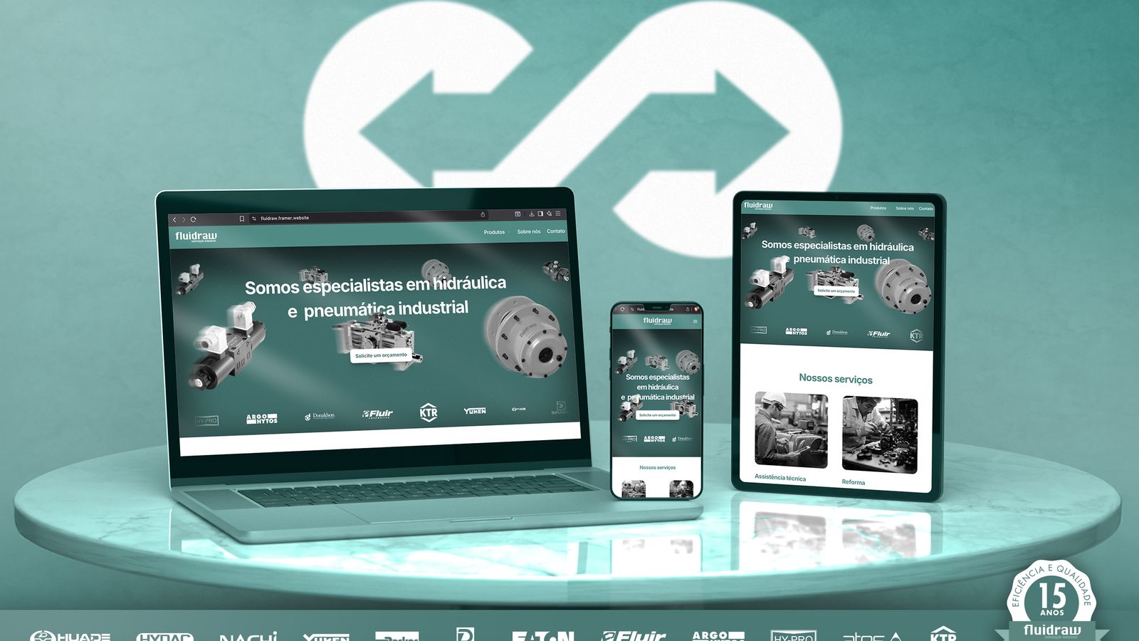 Site da Fluidraw em notebook, tablet e celular, sobre fundo verde com o símbolo do infinito da marca