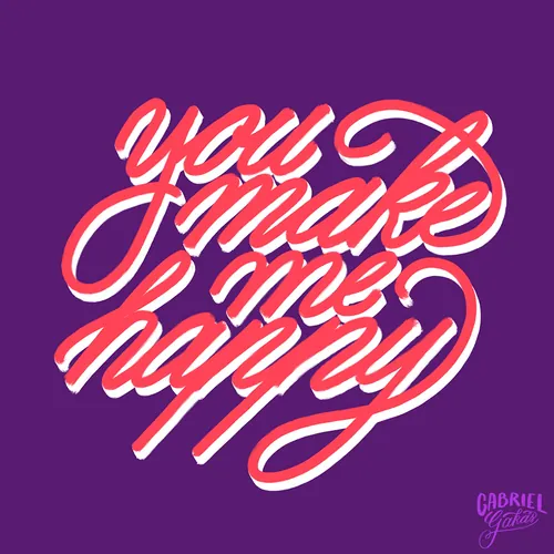 Lettering You make me happy, em vermelho sobre roxo.