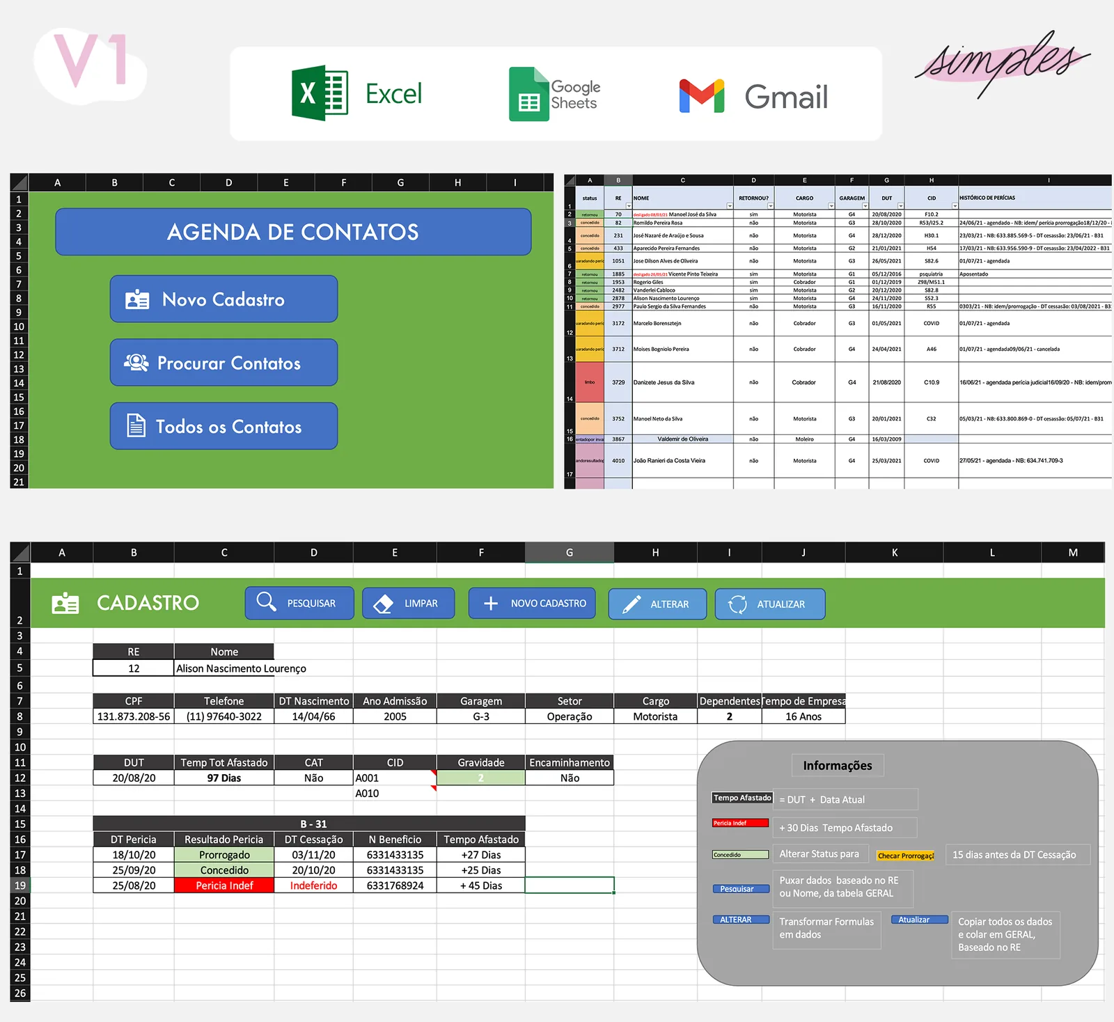 Versão 1: Excel, Google Sheets e Gmail, com a agenda de contatos e o cadastro em planilha.