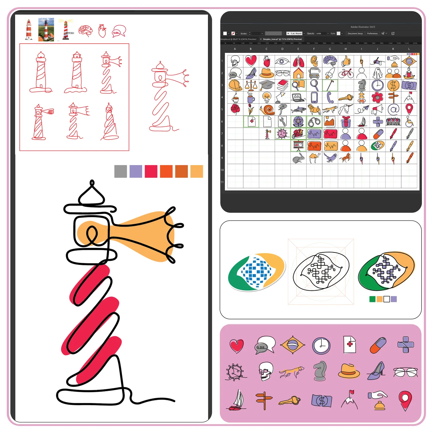 Processo de ilustração: o farol desenhado em linha, rascunhos e a grade com todos os ícones no Illustrator.