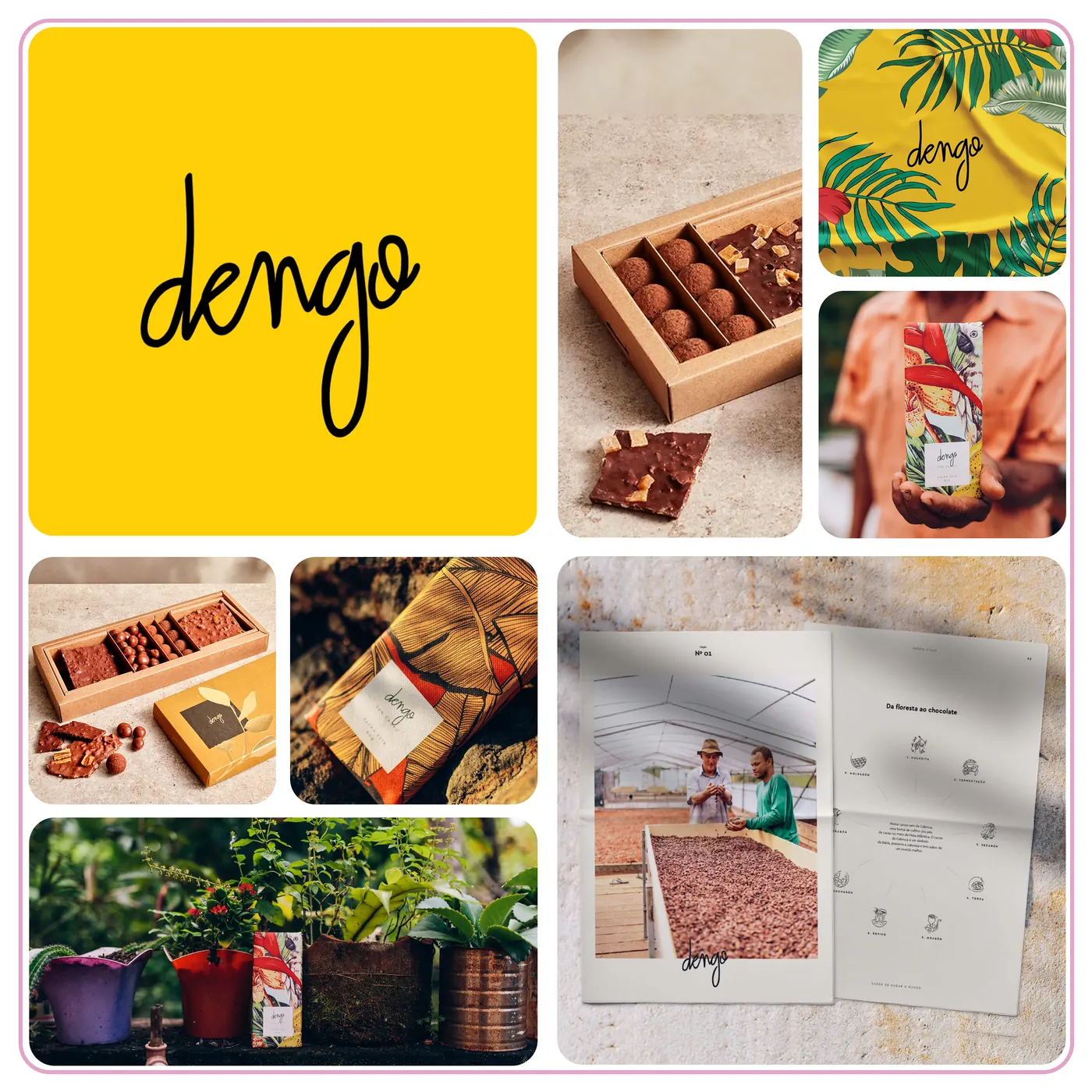 Painel de inspiração com a marca Dengo: logo escrito à mão sobre amarelo, embalagens de chocolate e estampas tropicais.