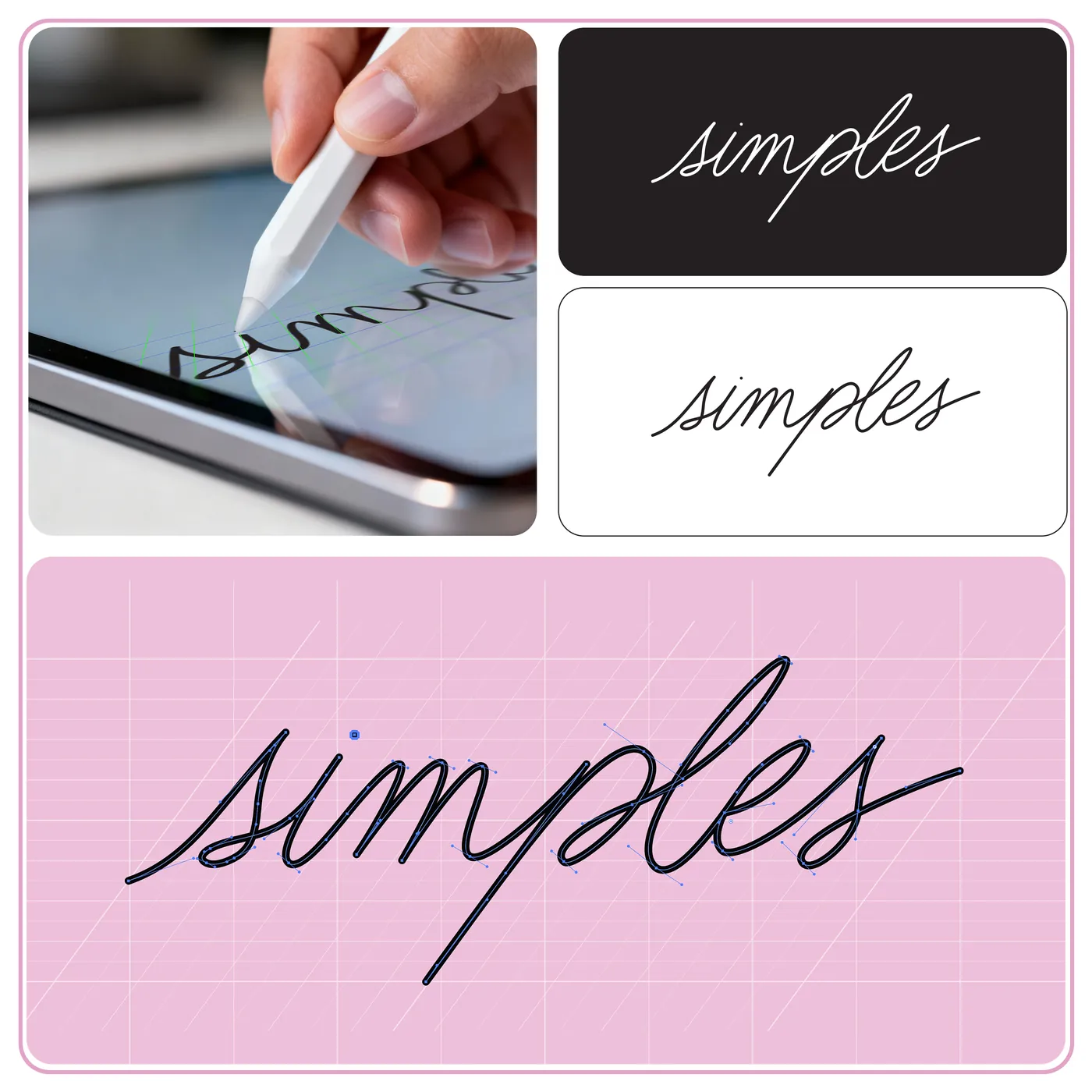 Prancha do logo: a palavra simples escrita à mão num tablet, em preto, em branco e sobre rosa.