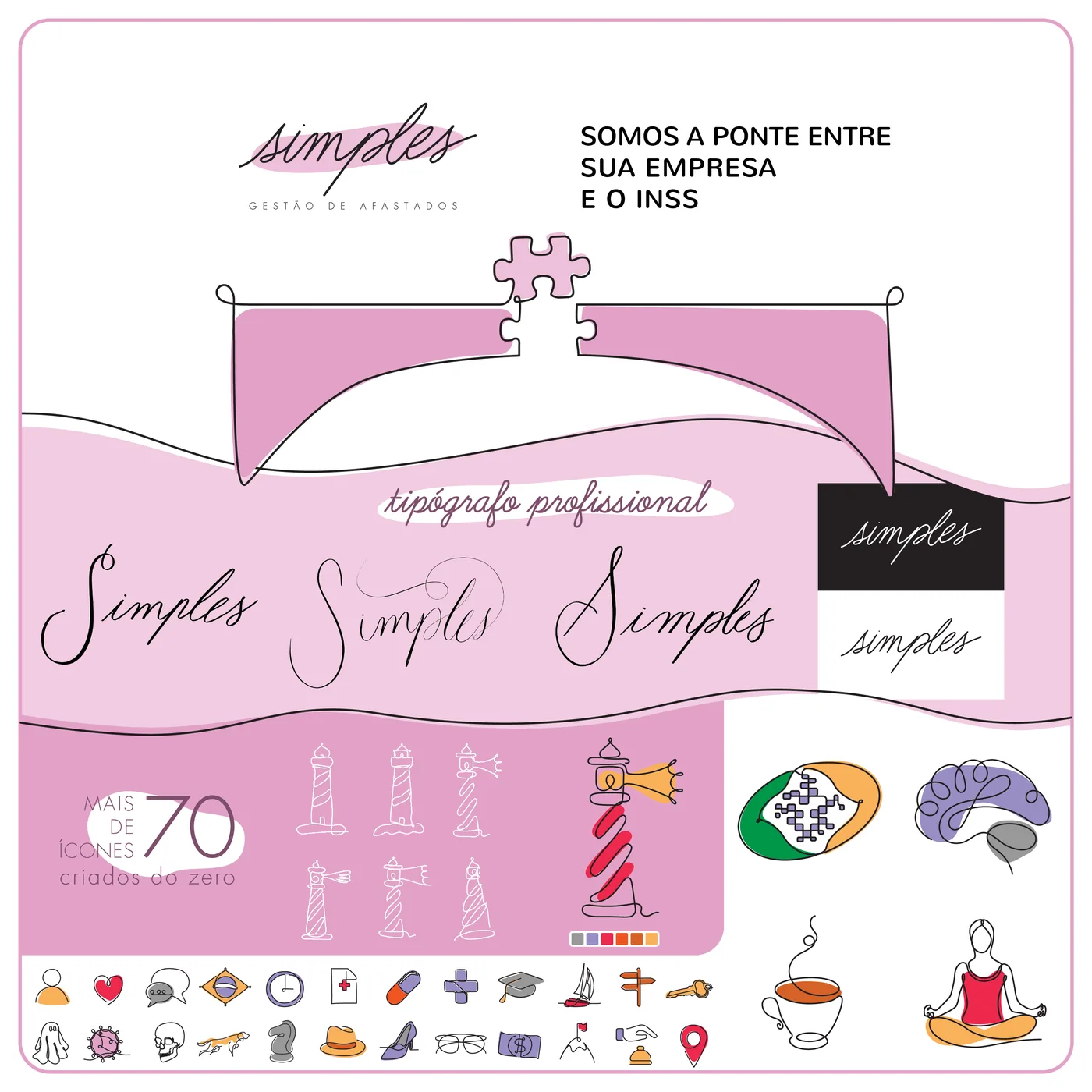 Prancha da marca Simples: logo, a frase Somos a ponte entre sua empresa e o INSS, a ponte com uma peça de quebra-cabeça, variações do lettering, paleta rosa e os ícones.