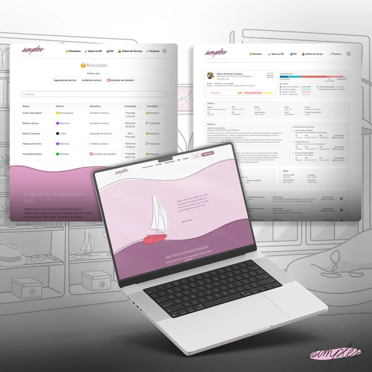 Site da Simples num notebook, com as telas do sistema ao fundo.