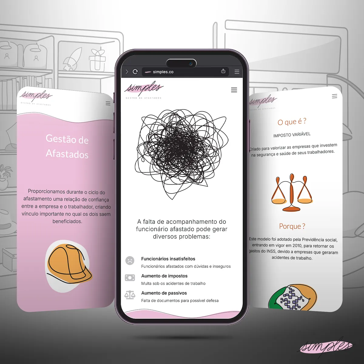 Três telas do site no celular: o emaranhado do problema, gestão de afastados e o que é o FAP.