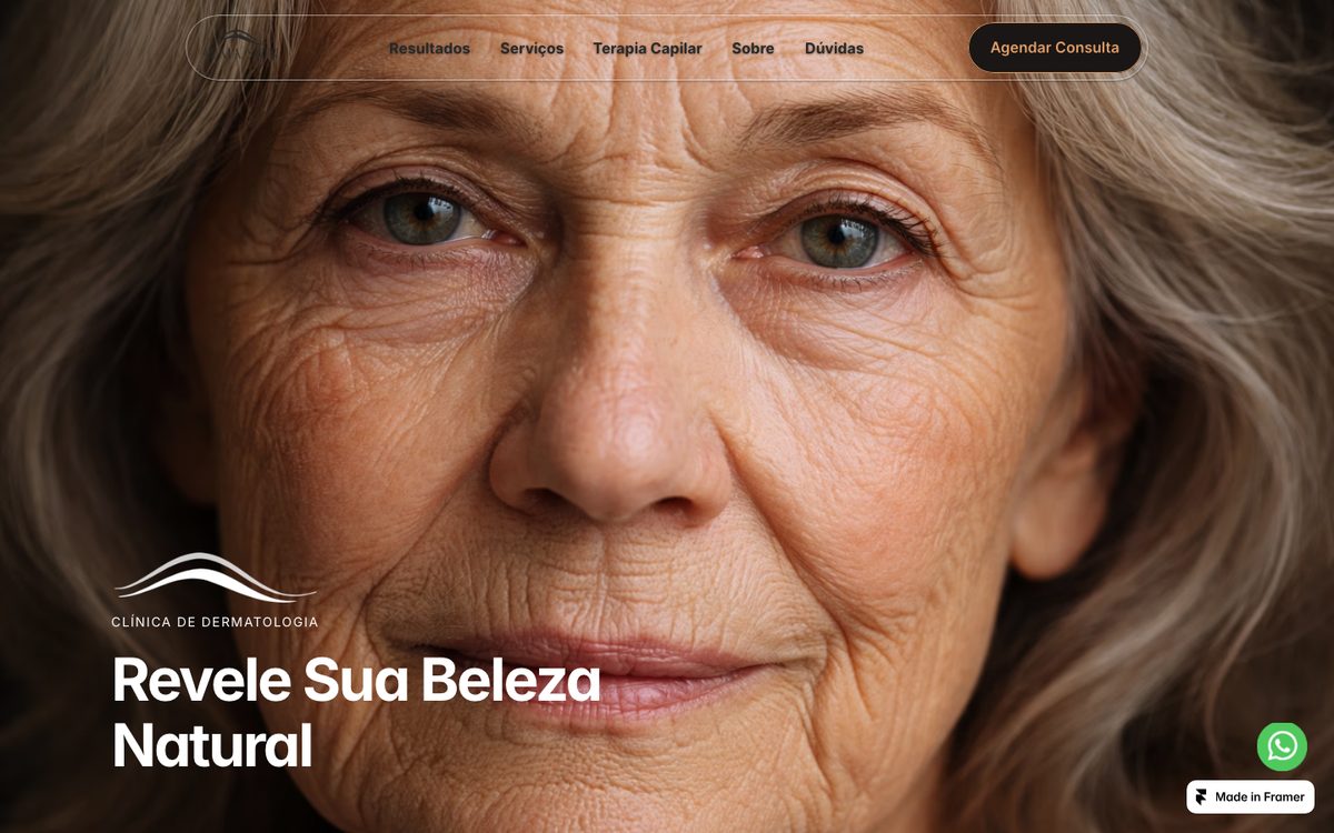 Site da Alma Skin, com retrato em close e a chamada Revele Sua Beleza Natural