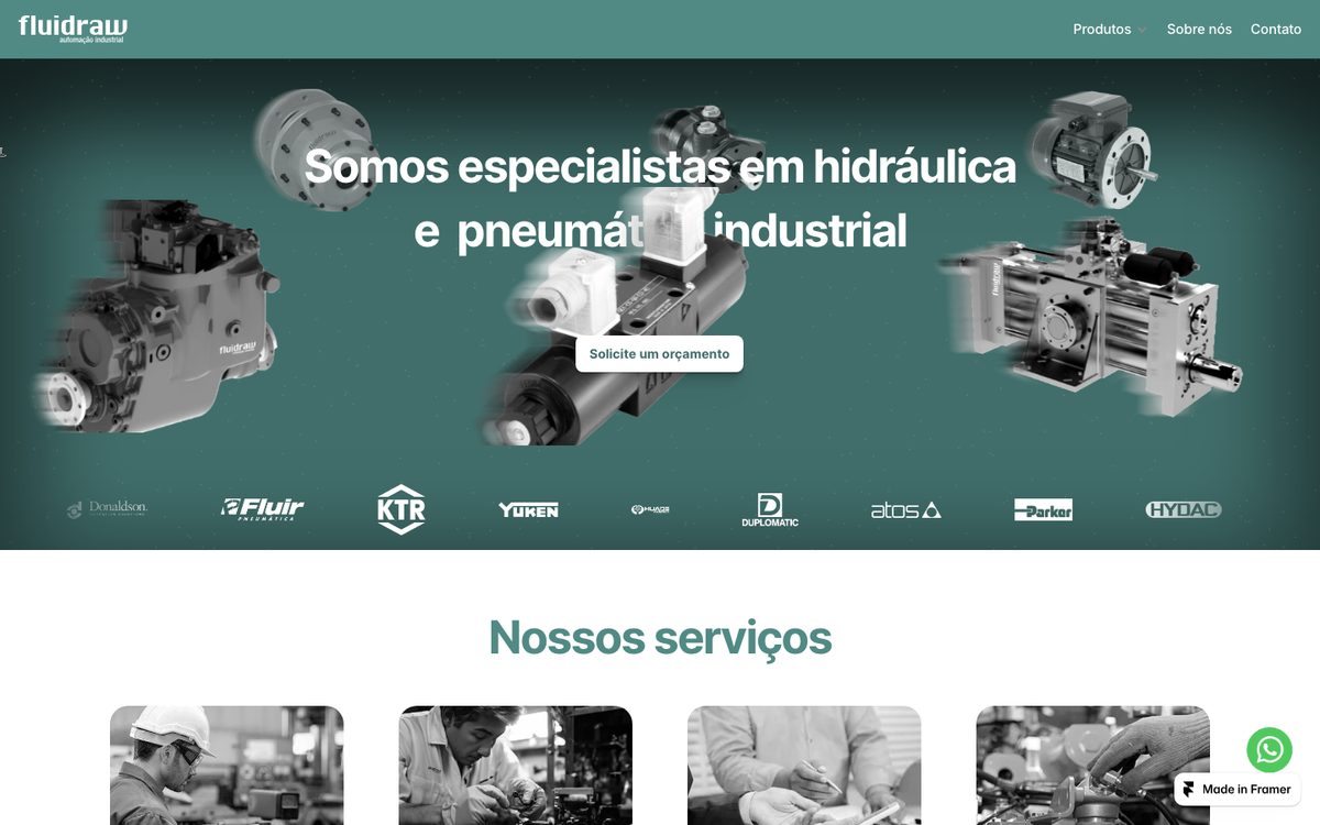 Site da Fluidraw, com fundo verde escuro e componentes hidráulicos na abertura